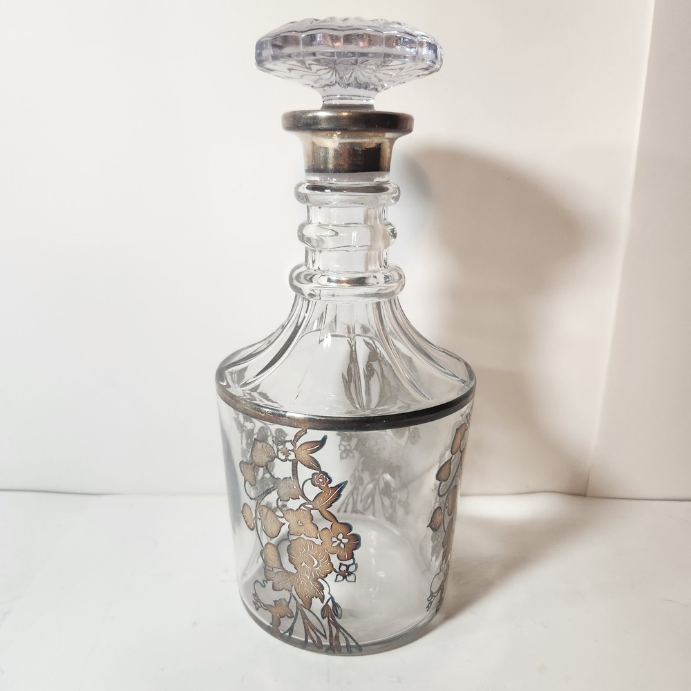 Vintage Clear Glass Decanter Silver Floral Overlay‎ with Faceted Stopper 9.5in